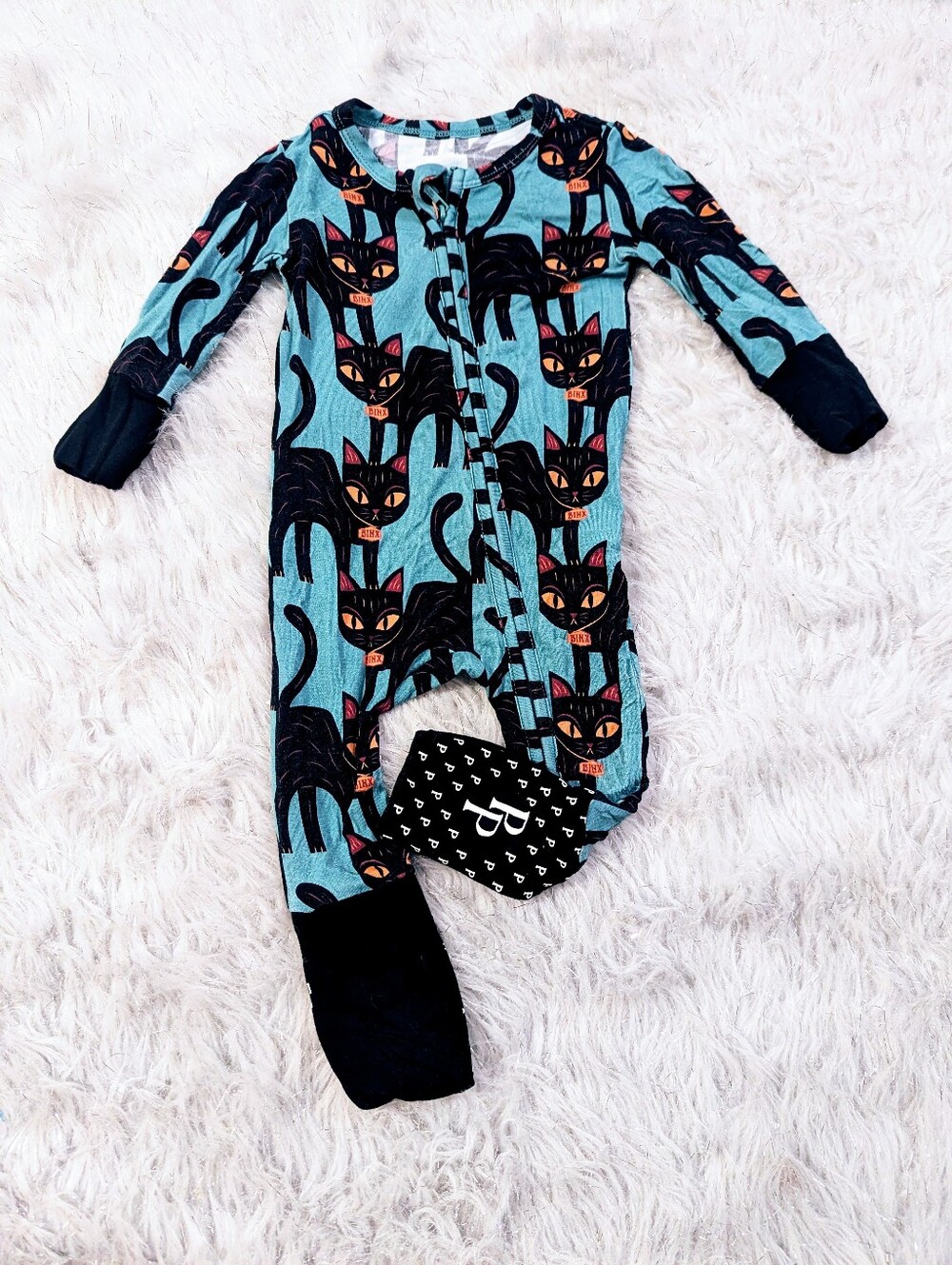 Disney Posh Peanut Teal Footed One-Piece with Black Cat Print 0/3 Months